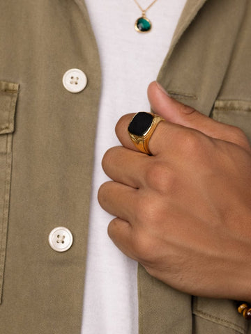 Nialaya Men's Ring Vintage Gold Sterling Silver Signet Ring with Matte Onyx